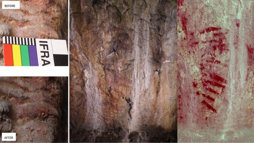 Horiztonal red markings, the oldest rock art in the UK at Bacon Hole Cave, Gower